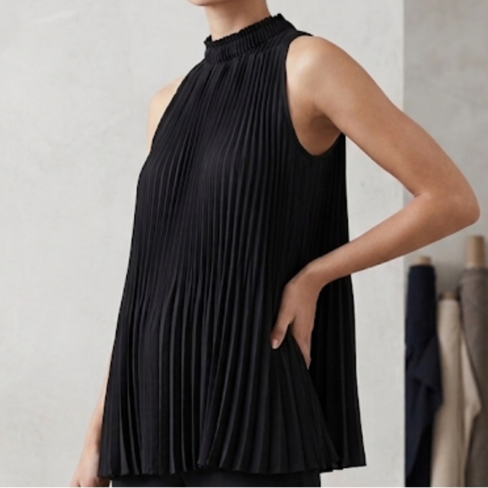 Nine West Pleated Mock Neck Top Sleeveless Black Blouse Medium Party Casual Boho